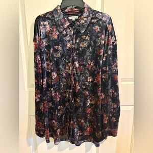 Adore Black Floral Print Velour Button Down Blouse, Women’s Size Medium